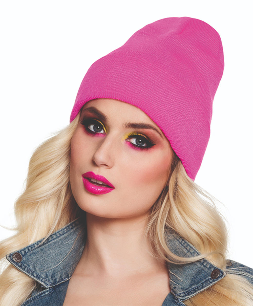 Neon Pink Beanie Hat 80s Accessories Mega Fancy Dress